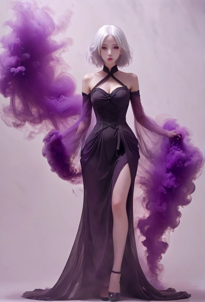 bailing_darkness，girl made of purple smoke，1个Giant Breast Girl，Black dress，White hair