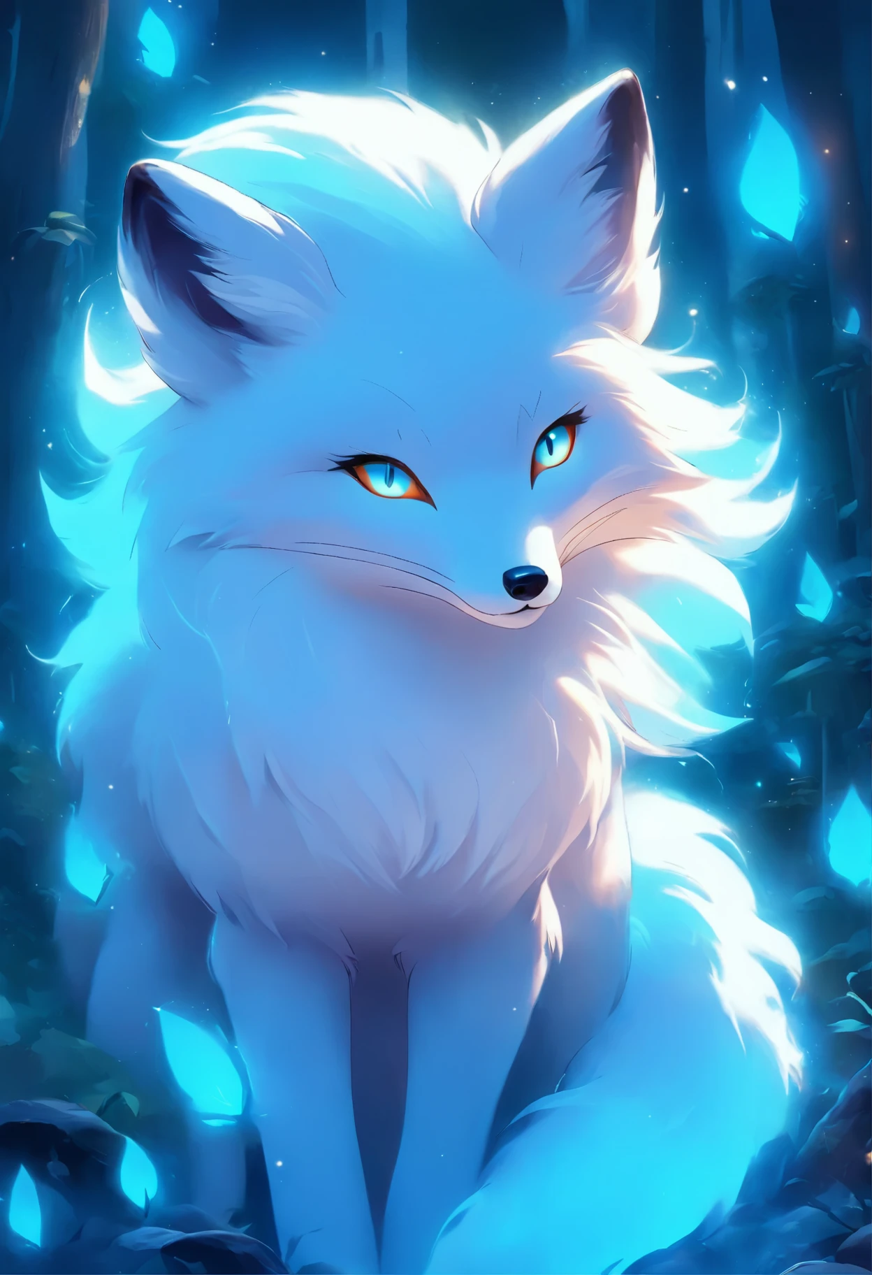 a white fox with blue eyes and long hair, an airbrush painting by Cedric Seaut, trending on cgsociety, furry art, ethereal fox, white glowing eyes, fantasy fox love, white fox, beautiful blue glowing eyes, very very beautiful furry art, blue glowing eyes, beautiful white glowing eyes, ethereal!!! ultra realistic, white - haired fox, a beautiful fox lady