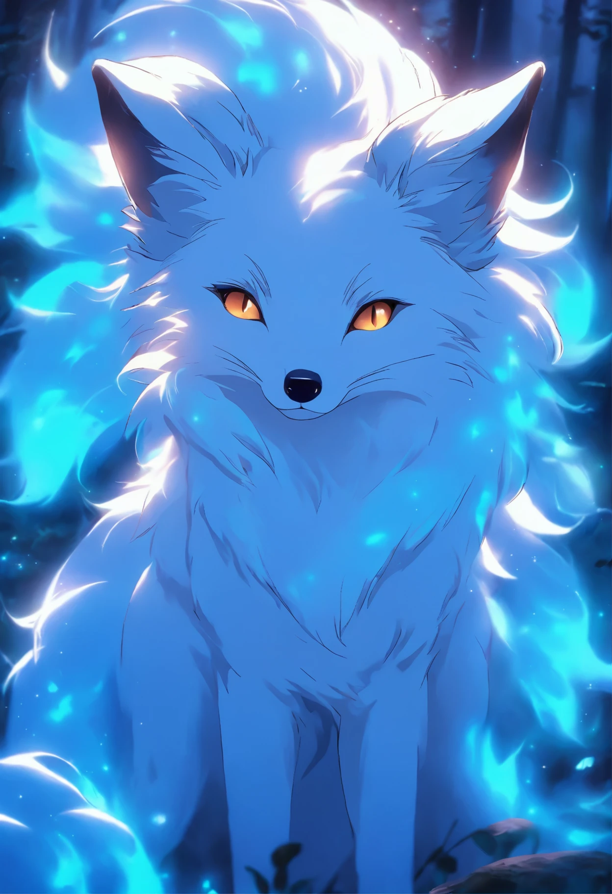 a white fox with blue eyes and long hair, ethereal fox, white glowing eyes, fantasy fox love, white fox, beautiful blue glowing eyes, very very beautiful furry art, blue glowing eyes, beautiful white glowing eyes, ethereal!!! ultra realistic, white - haired fox, a beautiful fox lady, fantasy creature, vampire white fox, kitsune, realistic. detailed fur