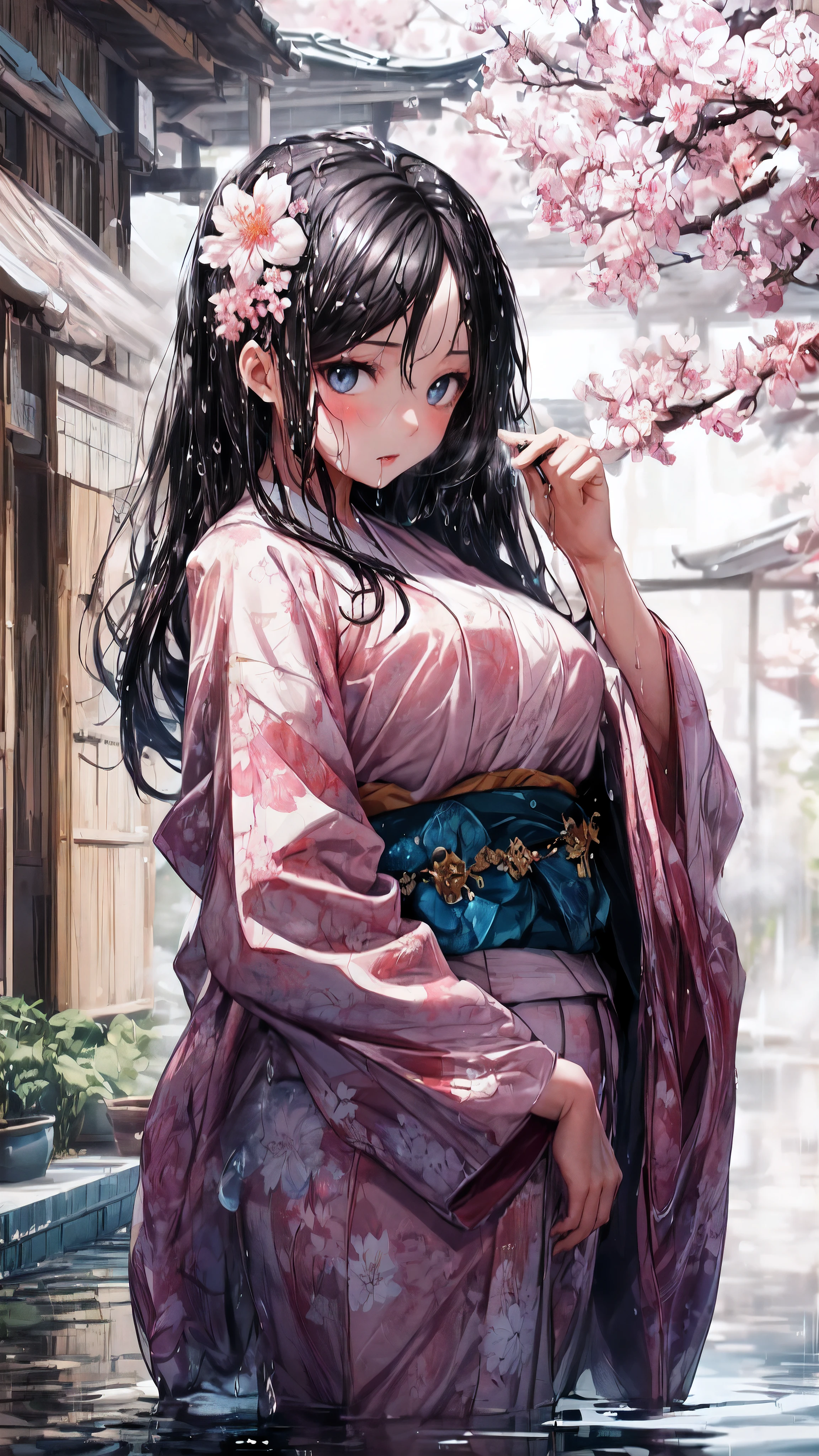 (best quality,highres,ultra-detailed,Pixiv:1.37),1 girl, full body, (7 girl:1.2), beautiful detailed eyes, beautiful detailed lips, girl wearing large kimono, beauty complex pattern on kimono, (wet, wet body, wet hair, wet skin, very wet kimono, reflection on the wet kimono, delicate cherry blossom embroidery, subtle water droplets:1.15), (water spray:1.1), (Cloth kimono, best kimono wrinkle, Transparent mucus wrapping), Voluminous hair, soft lighting, (portraits), vivid colors, calm expression, look at viewer, peaceful scenery, clean and fresh feeling,Beautiful and detailed water