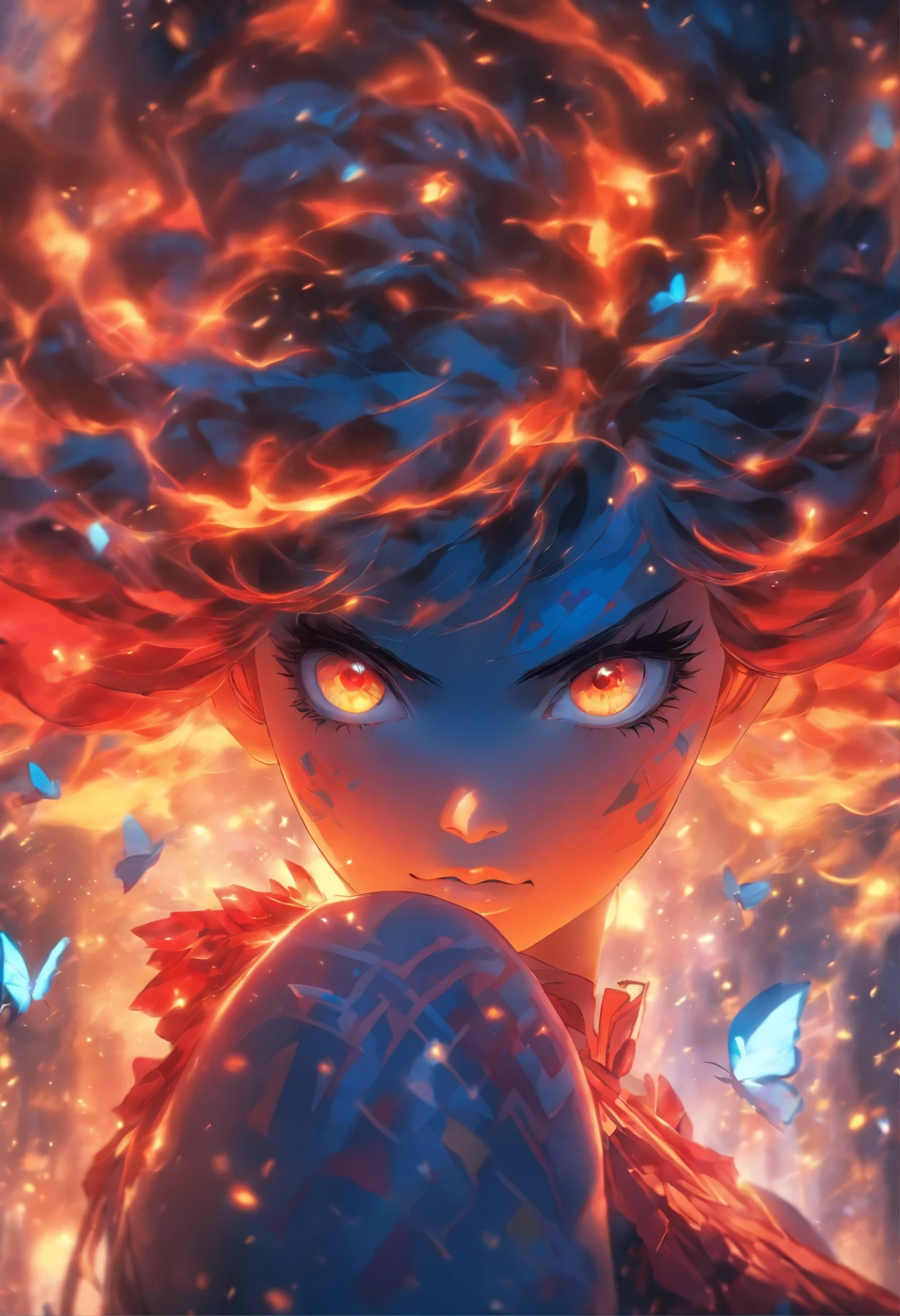 a close up of a person with a red and blue face, concept art by Galen Dara, trending on cgsociety, fantasy art, appears as the fire goddess, tomasz alen kopera and cgsociety, 🌺 cgsociety, the butterfly goddess of fire, devianart and cgsociety, stunning cgsociety, fantasy art behance