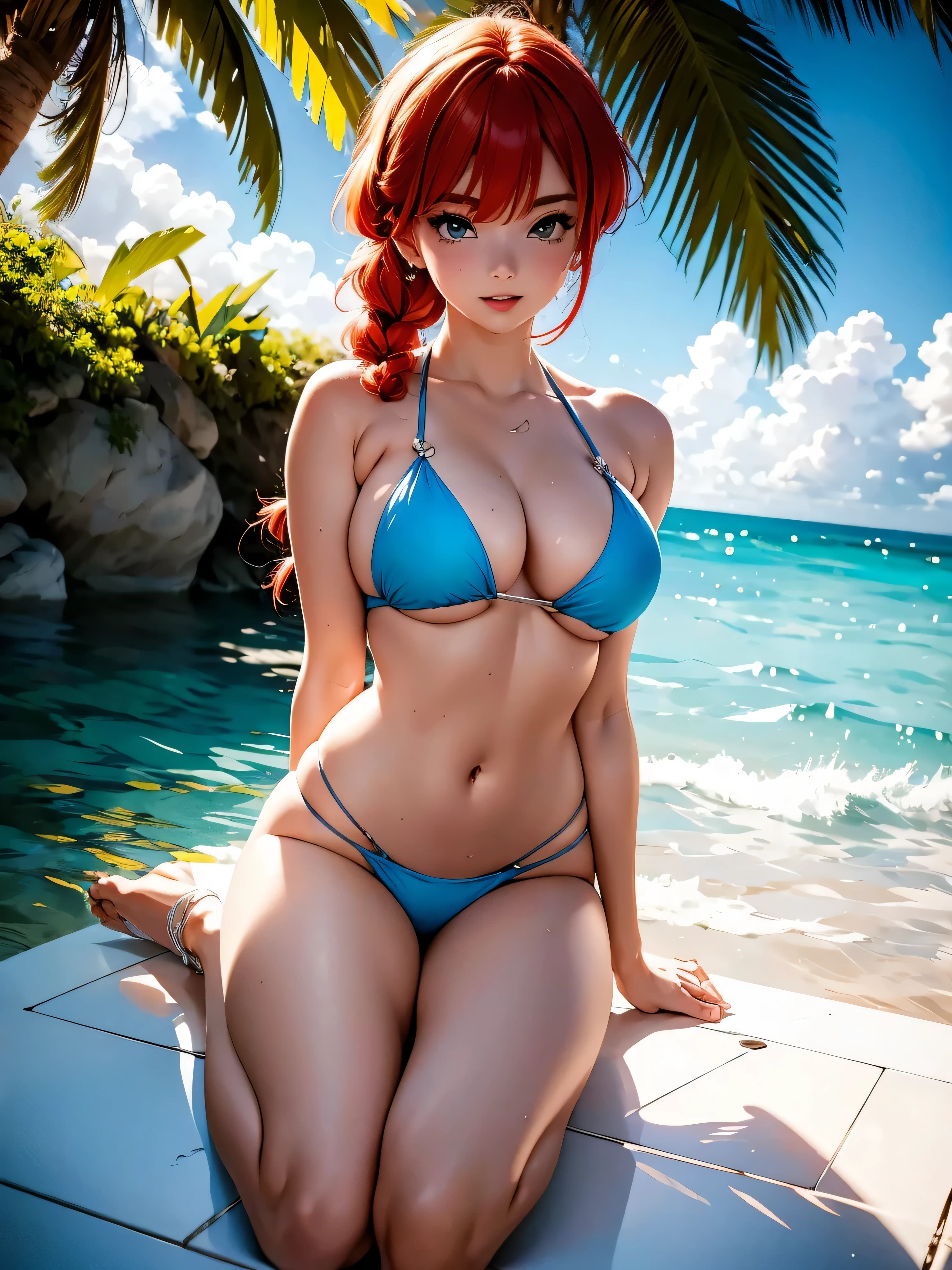 Redhead anime girl with braid, vestindo bikini rosa florido de praia, 15 anos, holding breasts, corpo bonito, seios grandes molhados, pingando, red hair with braid , Garota sensual, redhead braid, mechas de cabelo laterais, mechas de cabelo na lateral do rosto, Beautiful lighting, sombras suaves, olhos azuis, pernas bonitas, estilo anime, personagem Ranma Chan, Autora Rumiko Takahashi, Baseado em obra de Rumiko Takahashi, Anime Ranma 1/ 2, sensual expression, tongue out, sexy expression, quadril robusto, corpo inteiro, busto grande, garota jovem e safada, sandals on his feet, garota 15 anos jovem, garota anime hentai, beautiful feet in sandals, peito grande, seios bonitos, sandals on his feet, pernas bonitas abertas, sensual, belas pernas abertas, corpo completo, corpo inteiro, anime realista, personagem realista sensual , holding breasts, bikini com estampa florida, bikini com desenhos de flores, bikini rosa