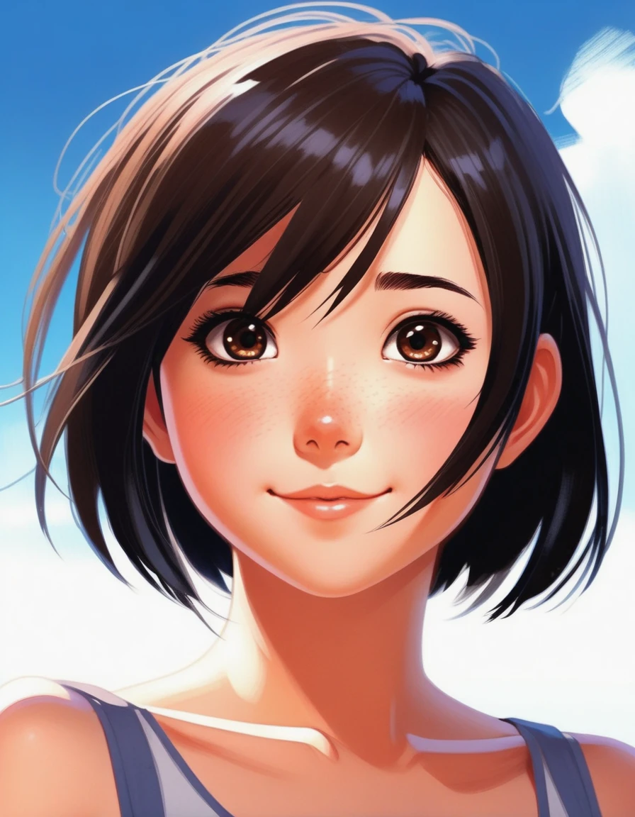 anime girl portrait, big dark brown eyes, black bobcut hair, happy face, illustration by ilya kuvshinov and greg rutkowski and Makoto Shinkai, digital painting, sharp focus, high quality, detailed, bare shoulders, low camera