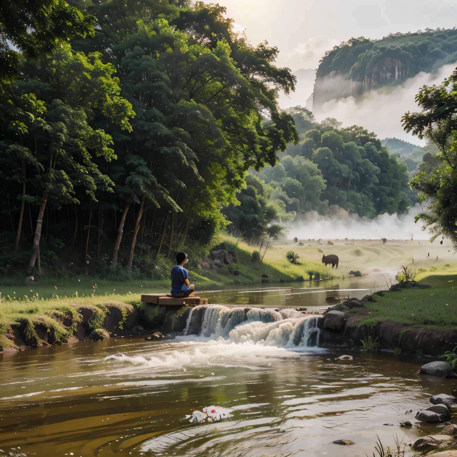 Thai House, countryside, buffalo, Thai boy with a tight head, flowing stream, fog, field, distant mountains, sun, tree, fish, 