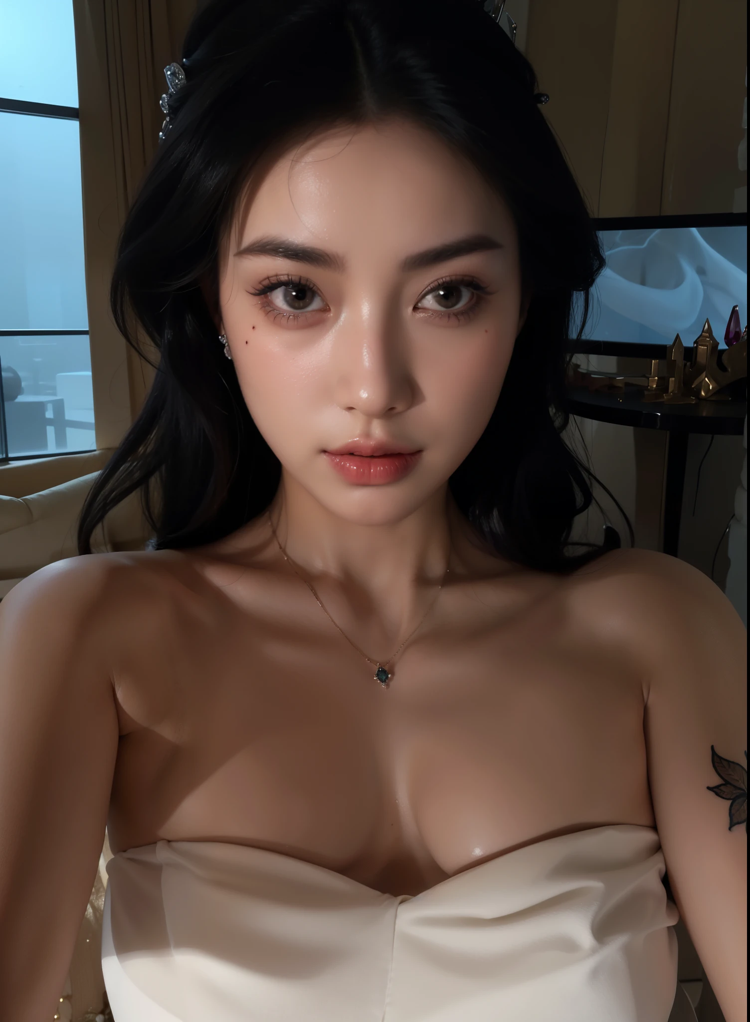 Royal sister,exquisite eyes,Frozen queen,put the crown on your head,Detailed facial expressions body,tall figure,Gorgeous,Leg length,4K,HD,Sensual,translucent lace,白皙plump figure,pretty face,Little cherry mouth,beautiful and delicious(3D royal sister),plump figure,gloss gel coat,Queen in luxurious dress,Crystal Gem Crown,Necklace jewelry,black tattoo(whole body),The tattoo is very three-dimensional,Gorgeous and intricate tattoo designs,tattoo queen,8k超HD,Selfie perspective