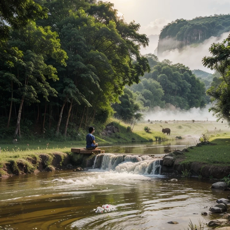 Thai House, countryside, buffalo, Thai boy with a tight head, flowing stream, fog, field, distant mountains, sun, tree, fish, 