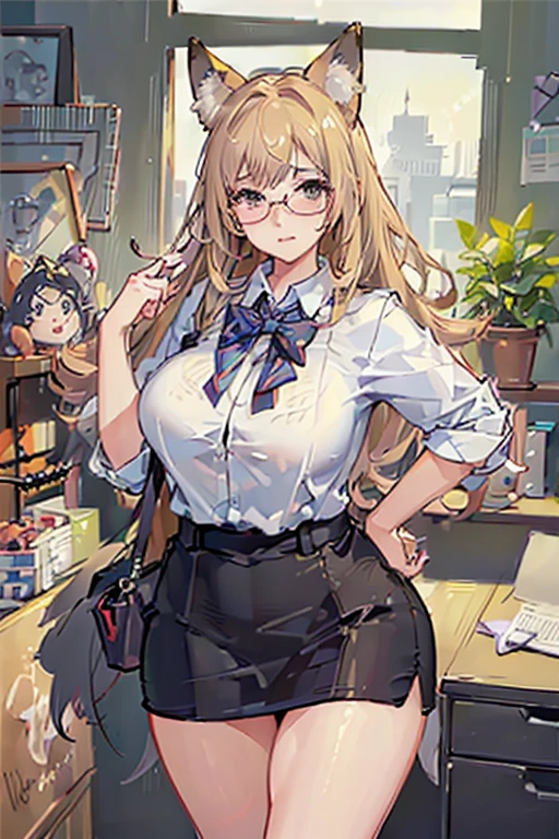 (masterpiece: 1.5), (best quality: 1.5), (perfect face), 1 female, fox ears, fox tail, female office worker, mature woman,  plump figure, Skinny pencil skirt, Glasses, Thick thighs, wide hips,beautiful breasts、huge breasts:1.4，plump breasts