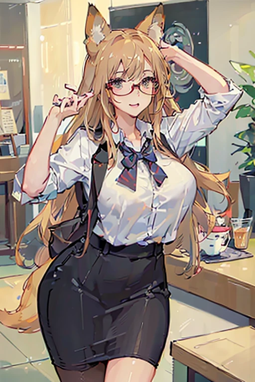 (masterpiece: 1.5), (best quality: 1.5), (perfect face), 1 female, fox ears, fox tail, female office worker, mature woman,  plump figure, Skinny pencil skirt, Glasses, Thick thighs, wide hips,beautiful breasts、huge breasts:1.4，plump breasts