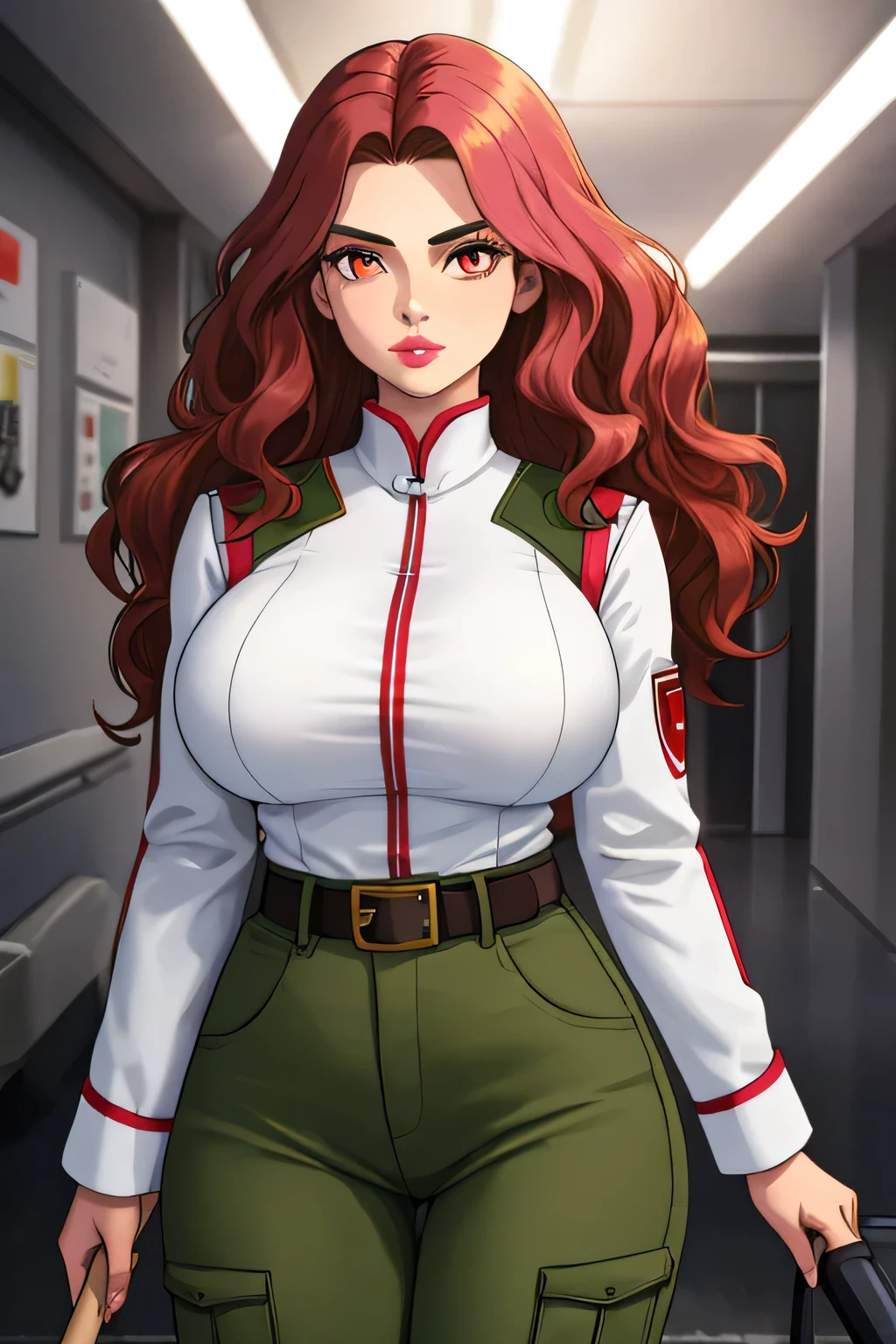 A tender woman with extra large breasts, longer wavy hair, bright red eyes, rectangular pupils, large pink lips, a pure light green military suit, brushes, a yellow line, and her light green pants, wearing a yellow belt.