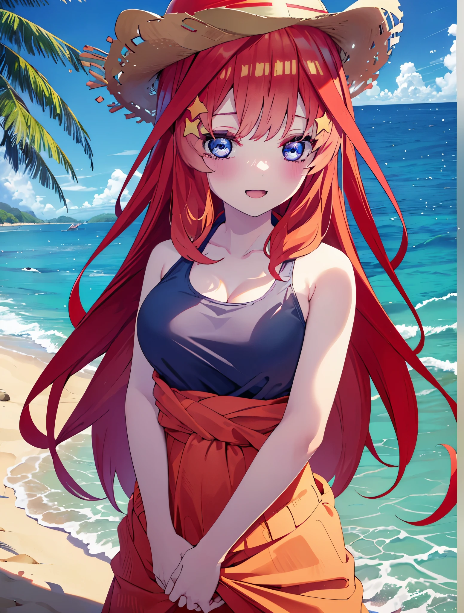 itsukinakano, itsuki nakano, bangs, blue eyes, hair between eyes, Ahoge, redhead, star \(symbol\), hair ornaments, star hair ornaments,happy smile, smile, open your mouth,Belly button soup,skirt,big straw hat,Red Bikini Swimsuit,naked belly,A light red blanket is wrapped around his waist..., (beach salon),  big breasts,((salon)), beach outfit,real summer,Palm tree,
break outdoors, beach,
break looking at viewer, (cowboy shot:1.5),
break (masterpiece:1.2), highest quality, High resolution, unity 8k wallpaper, (shape:0.8), (fine and beautiful eyes:1.6), highly detailed face, perfect lighting, Very detailed CG, (perfect hands, perfect anatomy),