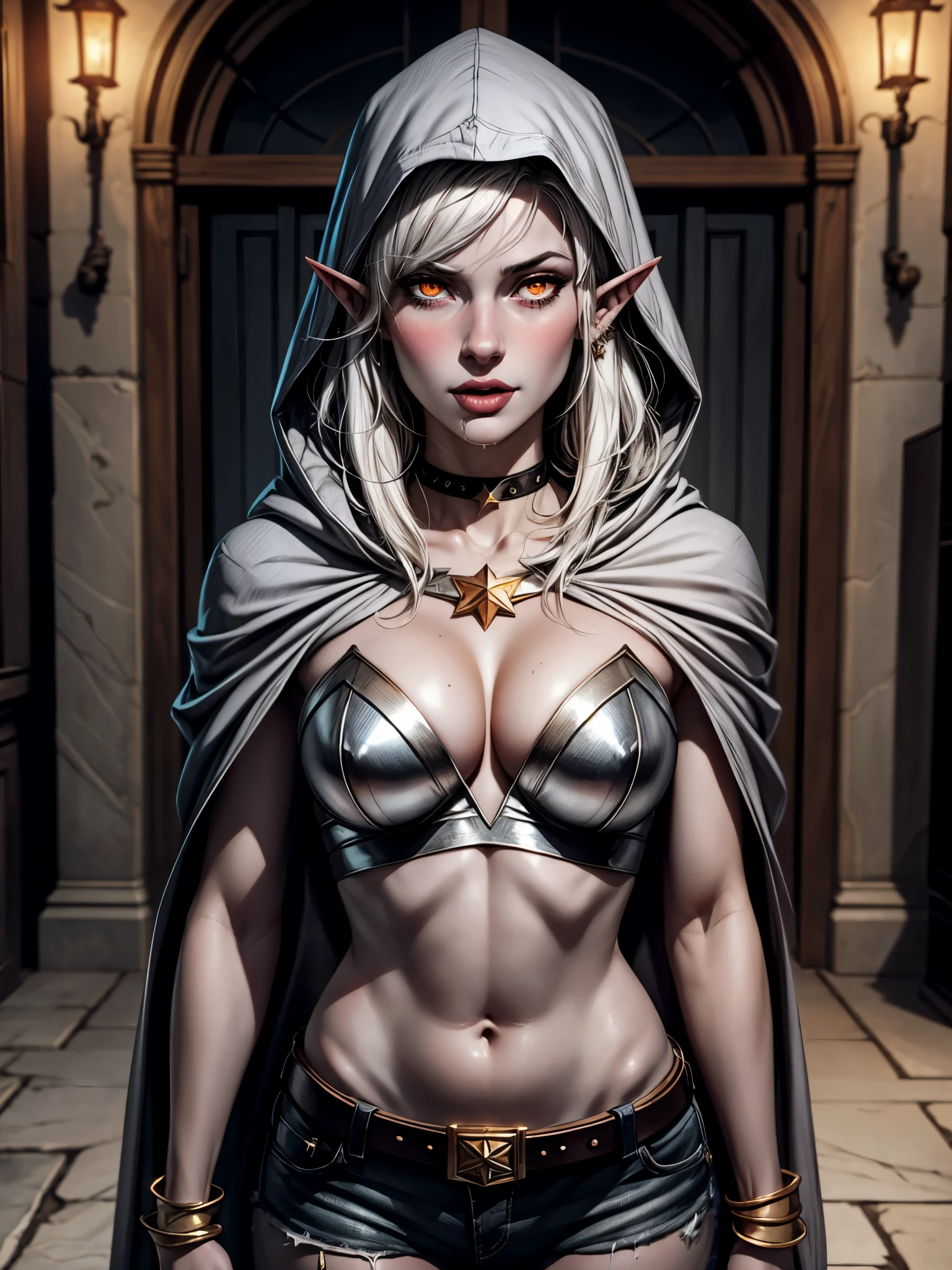 drow, female, pointy ears, solo, elf, navel, hood, colored skin, midriff, looking at viewer, long hair, cloak, dark elf, breasts, white hair, hood up, cape, medium breasts, hooded cloak, belt, grey skin, orange eyes, full body, glowing eyes, lips, art by greg rutkowski, trending on artstation  revealing clothes, blush, tongue out, drooling, blush, cleavage,(chocker, bangs, chest jewel, tiara,star \(symbol\)), ,, masterpiece, best quality, highly detailed, (8k), (4k), HDR, beautiful detailed girl, beautiful detailed face, beautiful detailed eyes, perfect shadow, masterpiece, best quality, perfect skin, shiny skin, perfect hands, perfect girl,