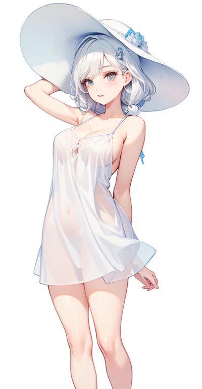 big breasts:1.5、、best quality、Very detailed、Very realistic eye masterpiece、best quality、Very detailed、white hair、perfect face、long hair、white dress、sundress、National Science Foundation,beautiful breasts、huge breasts:1.4,plump breasts