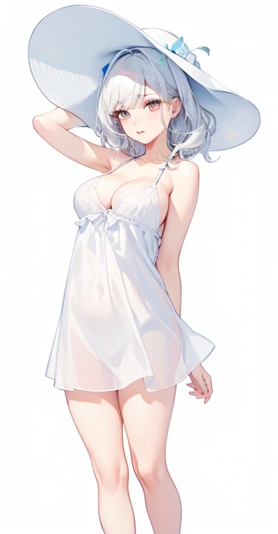 big breasts:1.5、、best quality、Very detailed、Very realistic eye masterpiece、best quality、Very detailed、white hair、perfect face、long hair、white dress、sundress、National Science Foundation,beautiful breasts、huge breasts:1.4,plump breasts