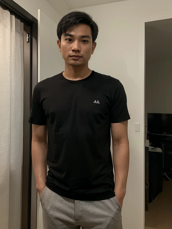 Young Thai man, age 40, with short hair, living in a condo, virtual image, wearing a black shirt.