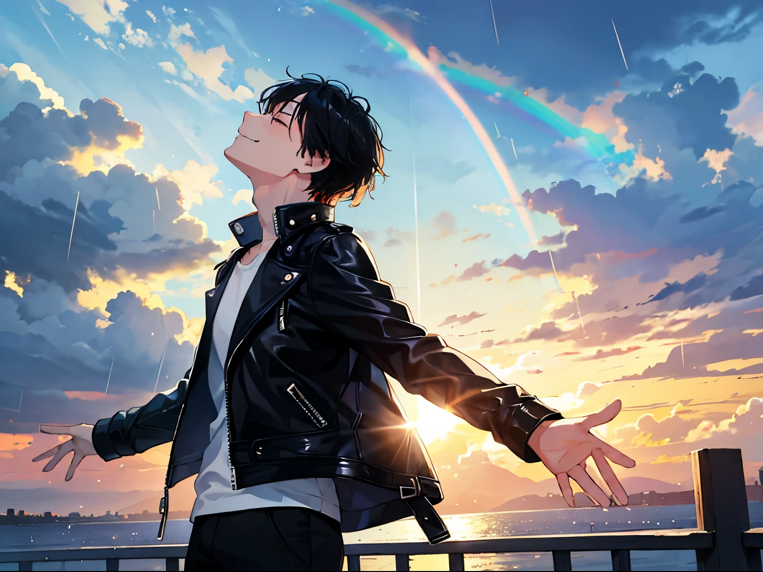 Highest image quality、A young man looking up at the rain-free sky with a rainbow、Sun and light coming through the gaps in the clouds、beautiful sky、profile、Wearing a black leather jacket、black hair、1 male、Standing with open arms, eyes closed and a big smile on his face、detailed hands