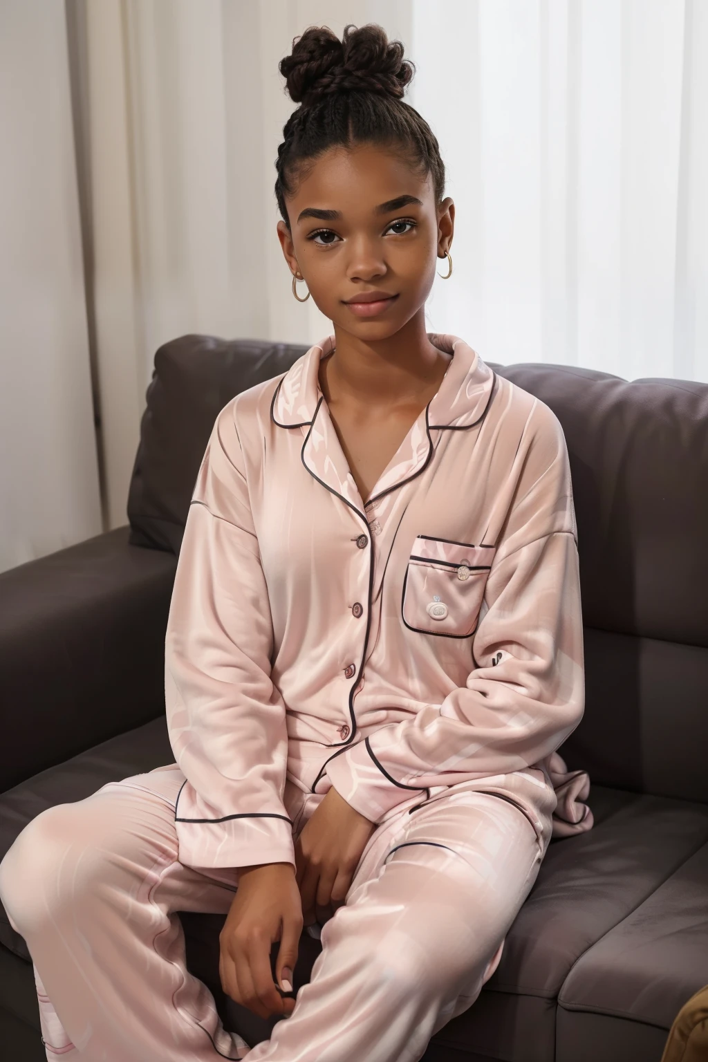 Milnrow, 2023. A young ((((19-year-old)) Maia Allen)), skinny, watching a movie, in the couch, nighttime, ((amused expression)), ((((clothings from the 2020s, pyjammas)))), ((hairstyle of the 2020s))