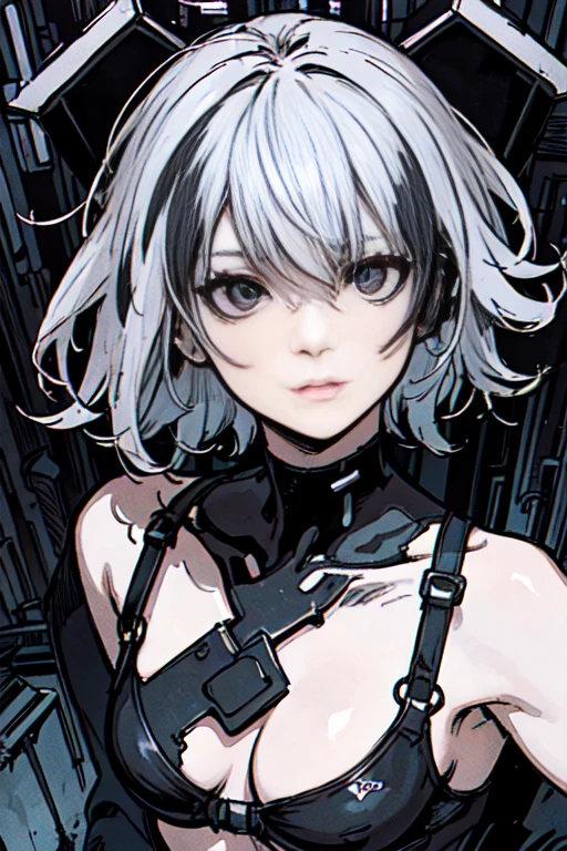 ((White Gray＆Black Two Tone Hair、 Short hair with long hair around the face))、((ruins)), ((cyberpunk fashion)),cartoon style, Horror elements, Comic book style illustrations, (drawing style), breast enhancement、 (Spooky), circus, crazy illustration, flat illustration、small eyes