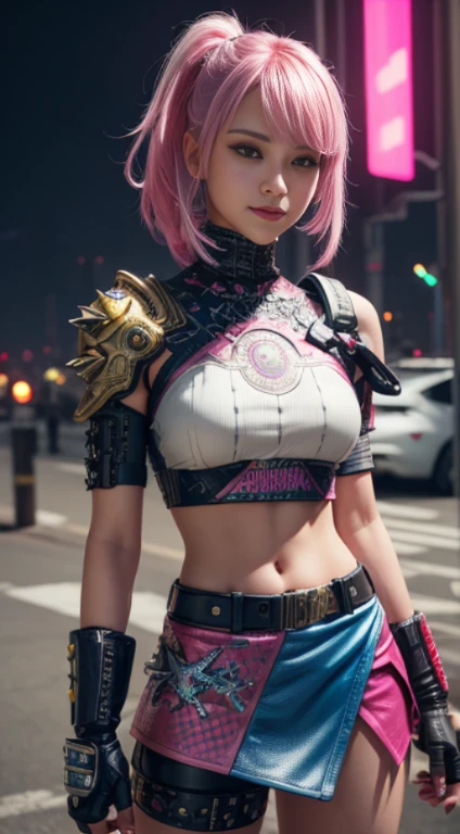 pink and bright colors, Cyberpunk 25, perfect, smile, The shoulder pads have metal spikes., Brooklyn Bridge, Short skirt, Heavy metal is an inspiration., White and gold crop top, Leather protection on the left arm with intricate graphics., Dark red with white stars and a white and blue checkered pattern., armor, intricate design, holding a glowing globe
