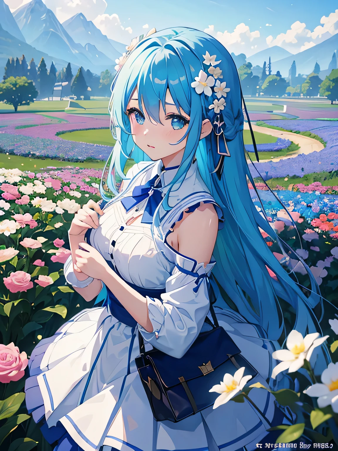 Anime girl with blue hair and white skirt standing in the flower field, Popular topics on artstation pixiv, Digital art on pixiv, anime art wallpaper 8k, guweiz on pixiv artstation, anime art wallpaper 4k, Anime Art Wallpaper 4k, Highest rated on pixiv, Beautiful anime artwork, Pixiv Contest Winners