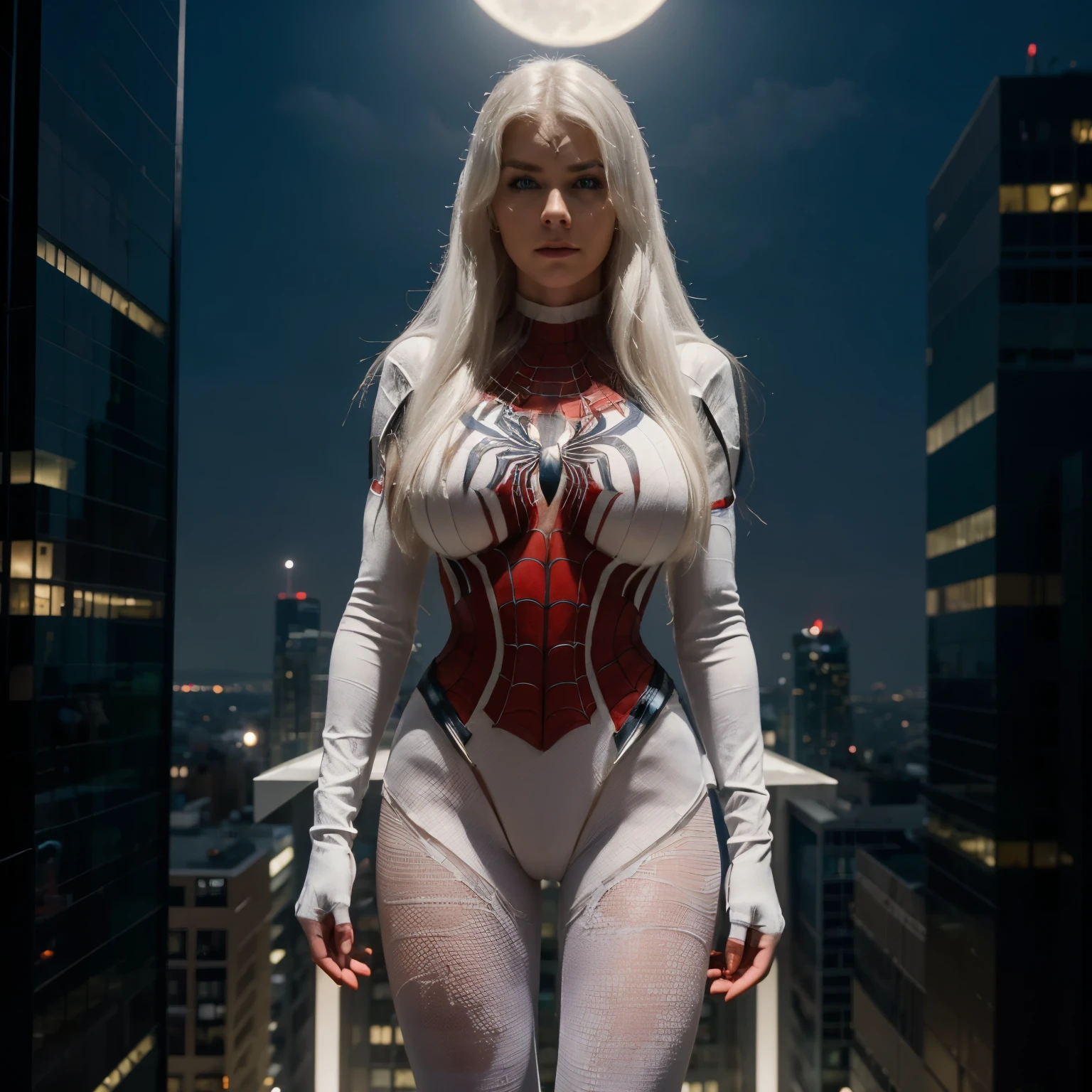 (Masterpiece, 4k resolution, ultra-realistic, very detailed), (White superhero theme, charismatic, there's a girl on top of town, wearing Spider-Man costume, she's a superhero), [ ((25 years), (long white hair:1.2), full body, (blue eyes:1.2), ((Spider-Man pose),show of strength, jumping in from one building to another), ((sandy urban environment):0.8)| (cityscape, at night, dynamic lights), (full moon))] # Explanation: The Prompt mainly describes a 4K painting of ultra-high definition, very realistic, very detailed. It shows a superheroine at the top of the city, wearing a Spider-Man costume. The theme in the painting is a white superhero theme, the female protagonist has long white hair, is 25 years old and her entire body is shown in the painting. In terms of portraying the actions of superheroines, spiders are employed, she has big breasts and tight outfit and pussy and another girl naked beside her