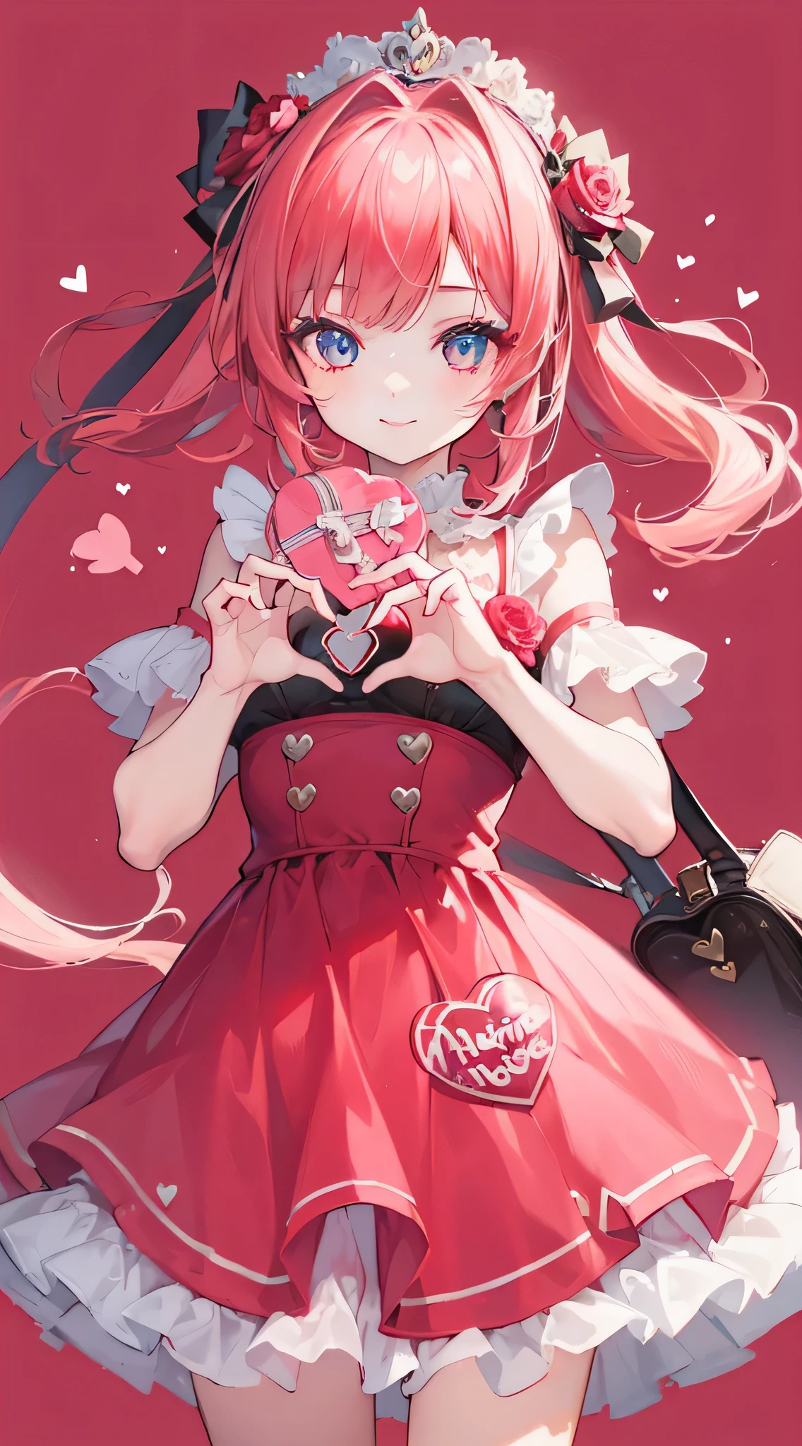 (((32k))), (((heart background))), (((Pretty girl))), (((cute girl))), (beautiful quality eyes), (cute smile), (((dress))), (valentine), ((holding roses)),