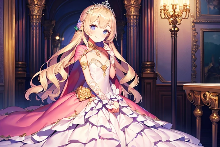 (kawaii),(best quality),(ultra detailed),(rococo style),(long train pastel pink cape:1.15), very long cape,(long train white ball gown with flower decorations:1.1), a girl is wearing a cape over her gown, 1 little princess, tiara, smile, very long hair, small breasts, beautiful detailed eyes, beautiful detailed lips