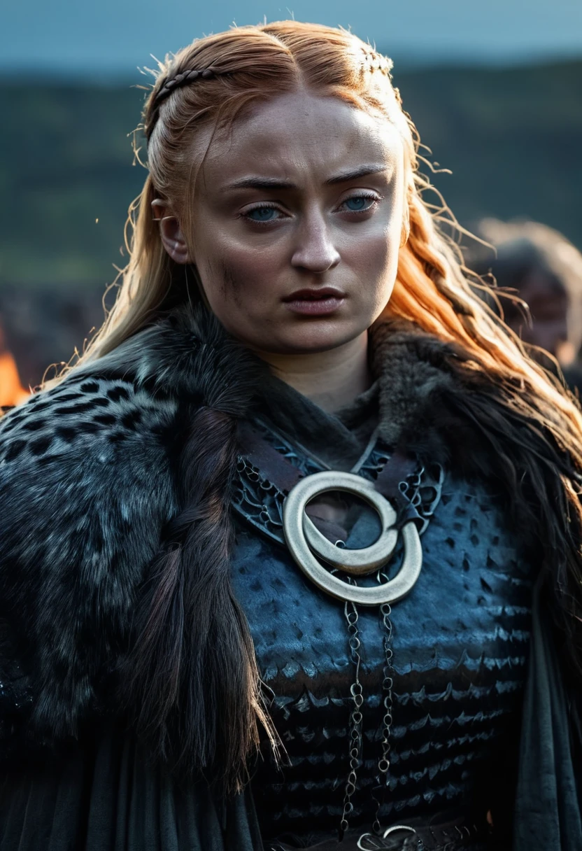 cinematic photo full shot of  (((ohwx woman))) (viking woman), scandinavian, 35 years old, chubby, natural body, "Sansa Stark Sophie Turner" (light blonde hair braids)(medieval viking clothing) in Hellblade: Senua's Sacrifice, emerging from black mud, long hair with dreads, war blue paint, paint fading, angry expression, dirty face, finely detailed eyes, moody, viking clothes, epic scene, epic composition, Photography, Volumetric Lighting, ethereal light, intricate details, extremely detailed volumetric rays  . 35mm photograph, film, professional, highly detailed, Cinematic Lighting, bokeh, 4k