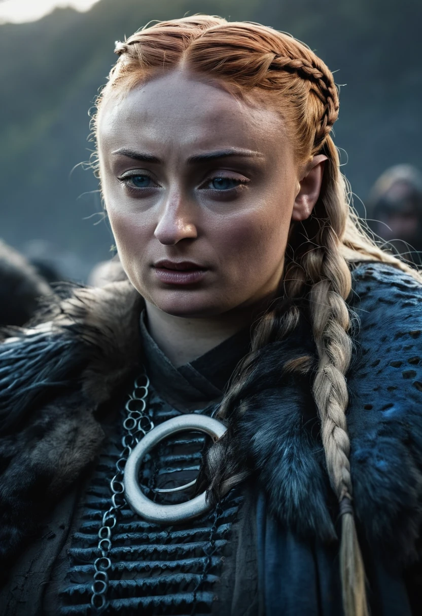 cinematic photo full shot of  (((ohwx woman))) (viking woman), scandinavian, 35 years old, chubby, natural body, "Sansa Stark Sophie Turner" (light blonde hair braids)(medieval viking clothing) in Hellblade: Senua's Sacrifice, emerging from black mud, long hair with dreads, war blue paint, paint fading, angry expression, dirty face, finely detailed eyes, moody, viking clothes, epic scene, epic composition, Photography, Volumetric Lighting, ethereal light, intricate details, extremely detailed volumetric rays  . 35mm photograph, film, professional, highly detailed, Cinematic Lighting, bokeh, 4k