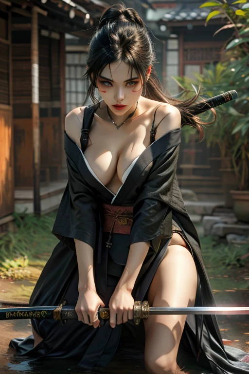 1girl,solo,holding weapon,katana, off shoulder kimono, show breast, show nipples