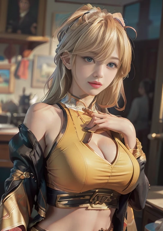 "(masterpiece, best quality, realism, real, photo: 1.4), Ji Xiaoman, Blonde, very cute face, blue eyes, Upper body, big breasts, real, photo,nude,doggy style"beautiful breasts、huge breasts:1.4,plump breasts