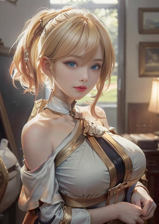 "(masterpiece, best quality, realism, real, photo: 1.4), Ji Xiaoman, Blonde, very cute face, blue eyes, Upper body, big breasts, real, photo，nude，doggy style"beautiful breasts、huge breasts:1.4，plump breasts