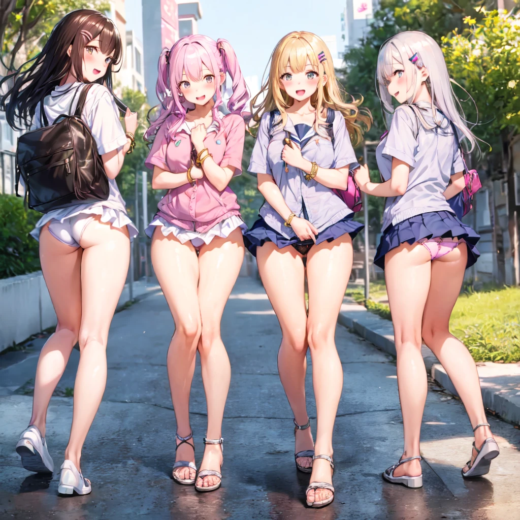 Texture CG, ((Ultra Detail Art)), ((​master piece)), (extremely details CG),Multiple girls,3girls,harem, school gals ,school gyaru ,((((school unifrom))),skirt ,(((pleated mini skirt)))), white shirt, school bag, bag , beautiful legs, wind lift,from behind,(string panties),(white sexy panties),long hair, blonde hair, brown hair, pink hair, silver hair, Curve, Beautiful detailed eyes , gleaming skin, bracelet, ,hair ornament, hairclip, jewelry, open mouth ,light smile, embarrassed:1.4,