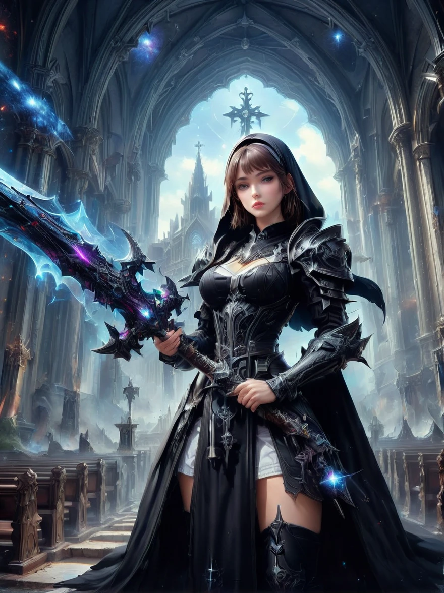 Fantasy game anime character，(nun:1.4)，((穿着黑色nun服))，Wield the Galaxy Axe，church background，the art of mathematics，Super detailed，Super detailed，HD，masterpiece，best quality