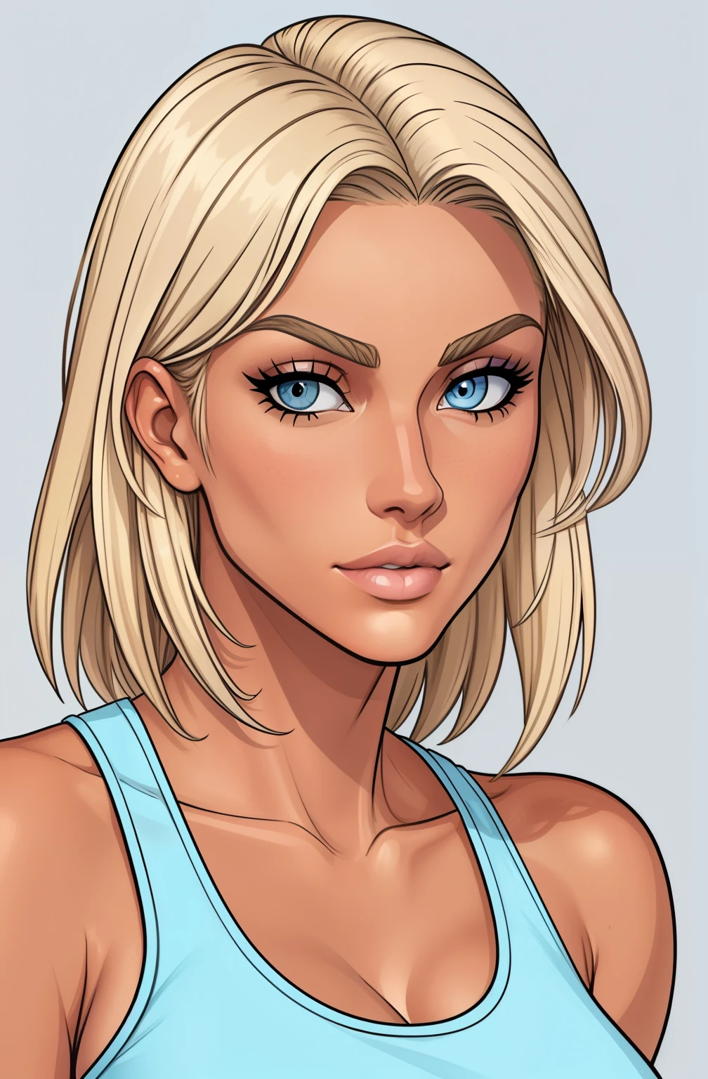 
Flat colors,close-up, portrait,  of a 25 year old surfer looking girl, tan skin, ([blue eyes]) Beach blonde salty hair, natural beaty, beautiful, casual, blue tank top, masterpiece, (([Simple grey background]))

