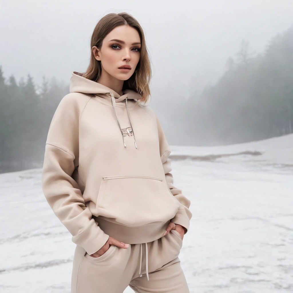 A super model standing with a beige coloured hoodie , a beige colour sweat pants and and a get hoodie , in a snowy,misty, fogy place