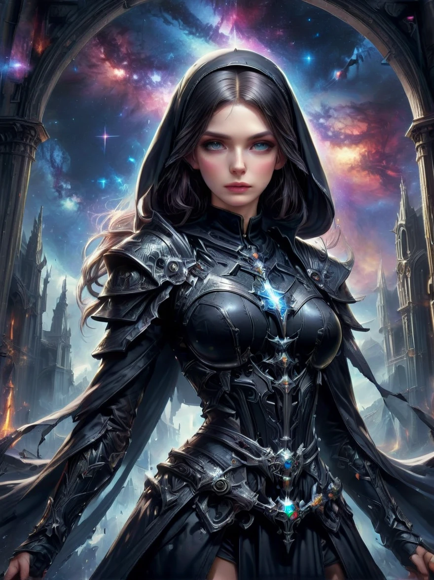 Fantasy game anime character, (nun:1.4), ((Wearing a black nun dress)), Wield the Galaxy Axe, church background, the art of mathematics, Super detailed, Super detailed, HD, masterpiece, best quality