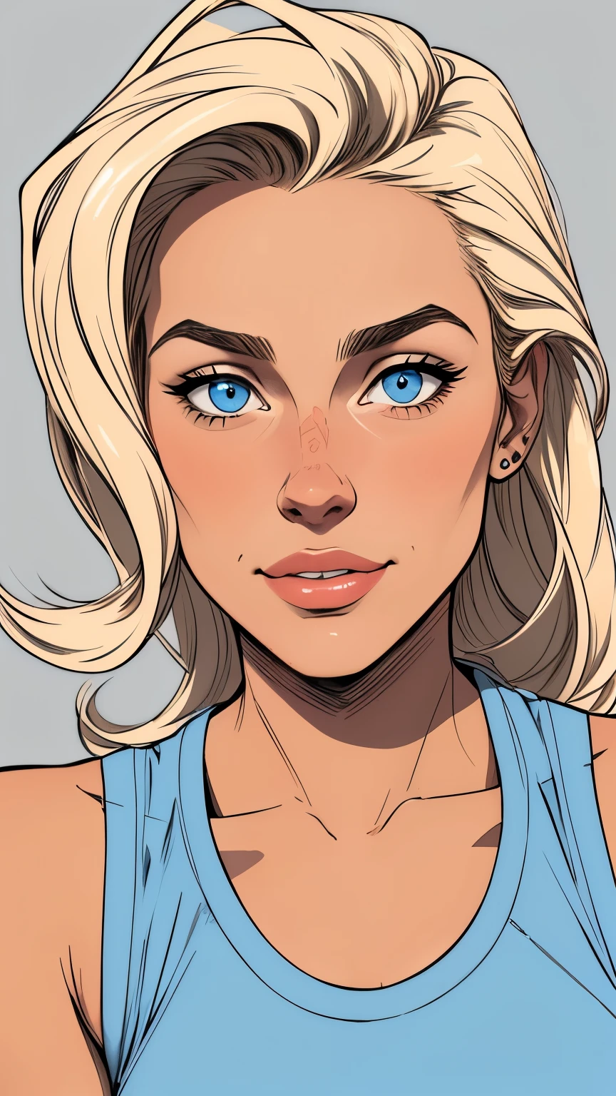 
Flat colors,close-up, portrait,  of a 25 year old surfer looking girl, tan skin, ([blue eyes]) Beach blonde salty hair, natural beaty, beautiful, casual, blue tank top, masterpiece, (([Simple grey background]))

