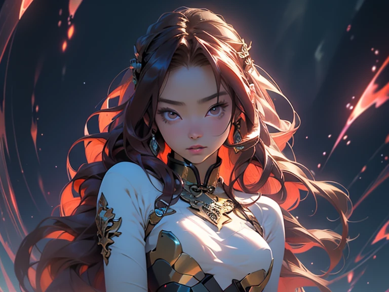 Complex and delicate curves of a 16 year old Asian woman with long red hair, oval face with high cheeks, large brown eyes and pink lips, her top gently hugs her small breasts, while casually showing off her slim waist and slender figure, her expression is thoughtful in this fascinating image, different from other portraits, her captivating presence further enhances her charm as a beautiful anime waifu style girl, hyper-detailed painting, luminous light, concept art, bio-luminescence, intricately detailed, isometric centered, awesome full color, hand drawn, ethereal background, abstract beauty, approaching perfection, pure form, golden ratio, concept art, intricate details, high resolution, sharp focus, intricate details, highly detailed, nostalgia, romantic, 64k, award winning illustration, realistic light, ultra-detailed, high quality concept art, inspired by Daiqing Tana and Haya, inspired by Cave of 1,000 Buddhas and Taoist mythology, inspired by Alphonse Mucha style with art nouveau elements.