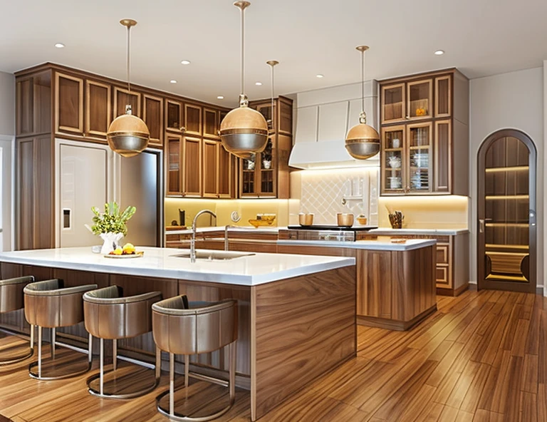 minimal kitchen interior, walnut panel and white panel rough-hewn material, exposured wood, stucco wall, tiled floor, refrigerator, cozy lighting