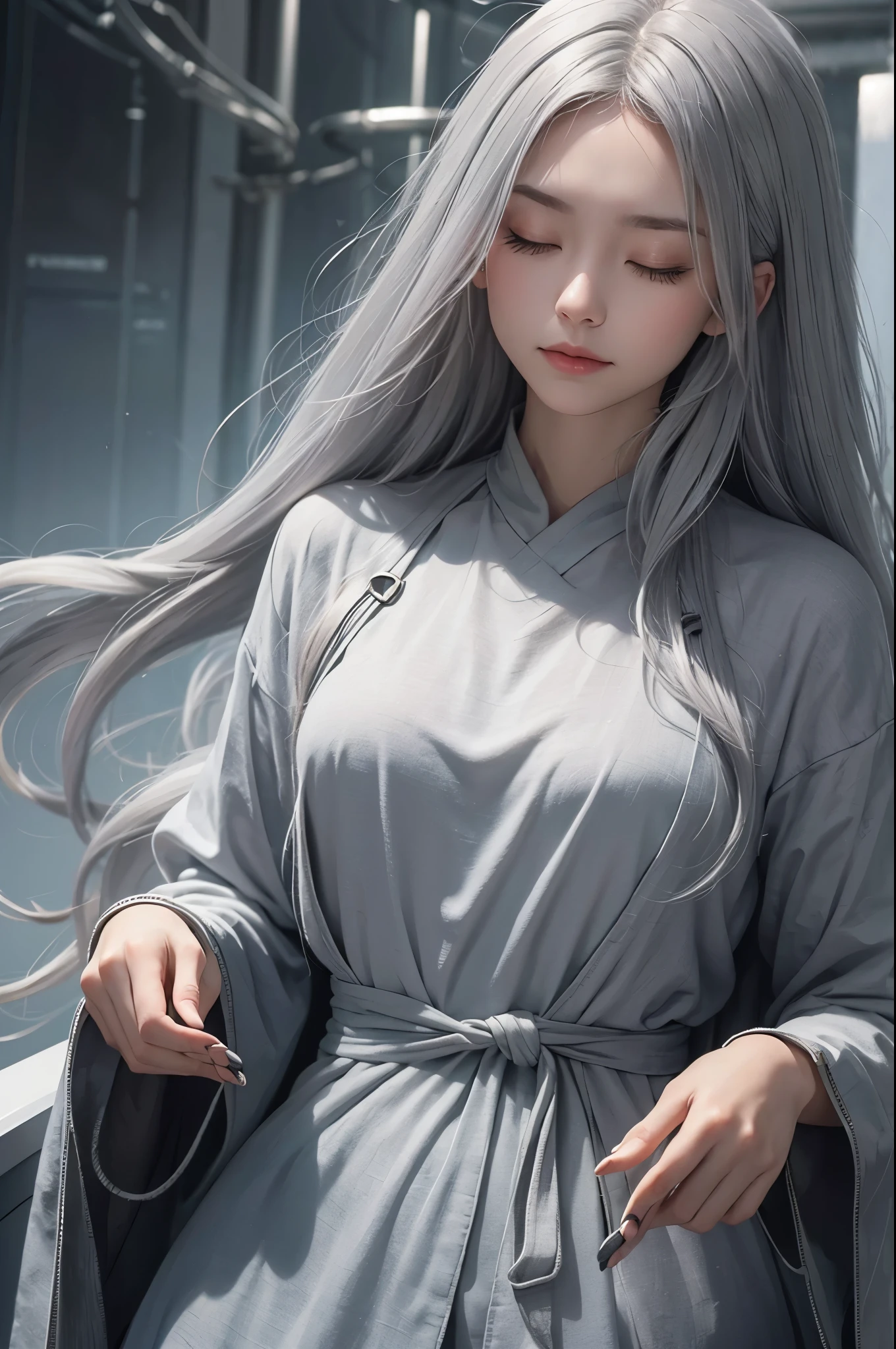 Woman with long gray hair, foggy、Or in a mystical environment, With eyes closed, Demonstrates an intuitive connection with the environment.