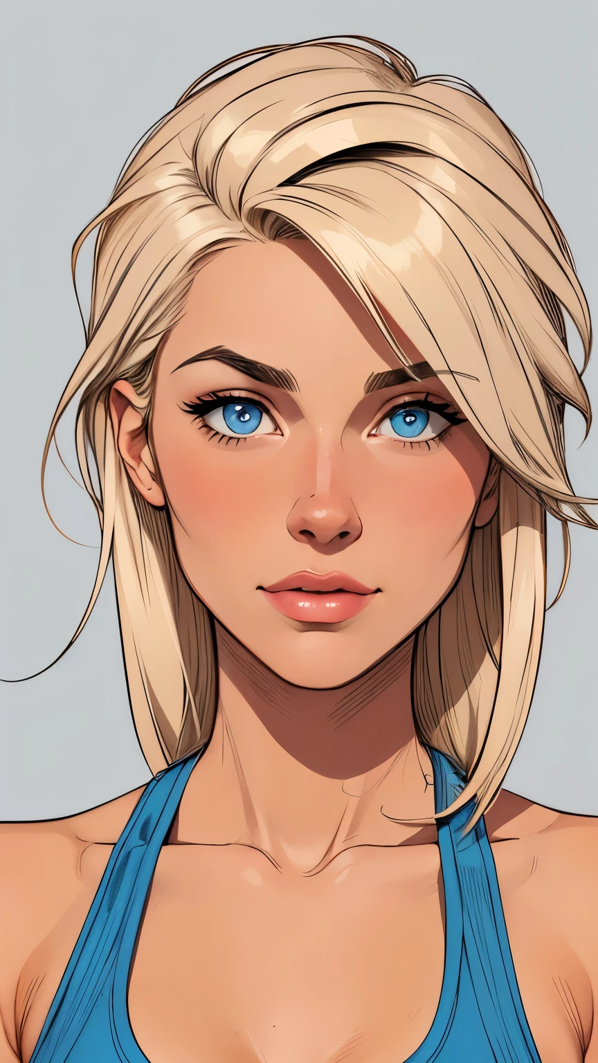 
Flat colors,close-up, portrait,  of a 25 year old surfer looking girl, tan skin, ([blue eyes]) Beach blonde salty hair, natural beaty, beautiful, casual, blue tank top, masterpiece, (([Simple grey background]))

