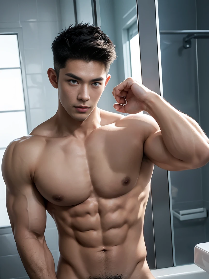 wide angle,2 Asian male models, Twins big muscles, Full chest muscles,Sexy and charming expression,blue eyes,Handsome, cool, Hair combed smoothly, piercing ears,naked,Wear sexy tongs,Big bag highlights, image, modeling, dynamic poses, man's bathhouse on campus at Tsinghua University, China, bath,Perfect hand details
