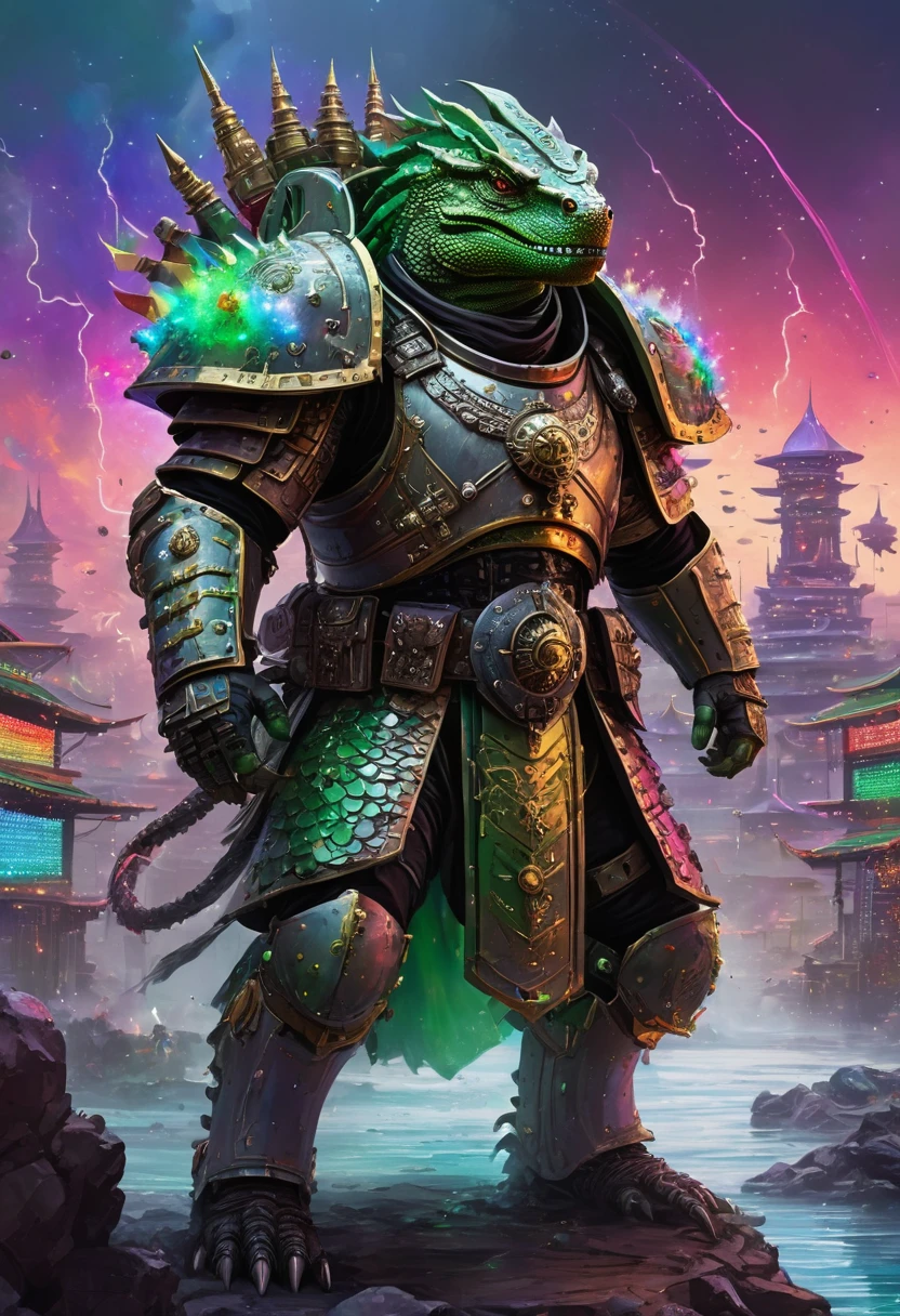 Grey and green scaled lizardman dressed like Warhammer 40k space marine Genghis Khan surrounded by a swirling rainbow lights, a futuristic Mongolian hive city in the background, twilight, drawn in very strong water color style.