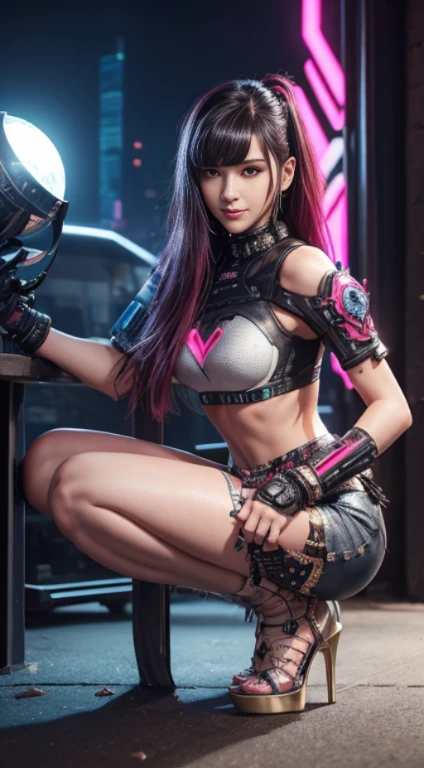 pink and bright colors, Cyberpunk 25, perfect, smile, The shoulder pads have metal spikes., Brooklyn Bridge, Short skirt, Heavy metal is an inspiration., White and gold crop top with open chest., Leather protection on the left arm with intricate graphics., Dark red with white stars and a white and blue checkered pattern., armor, intricate design, Posing in cyberpunk style high heels.,holding a glowing globe
