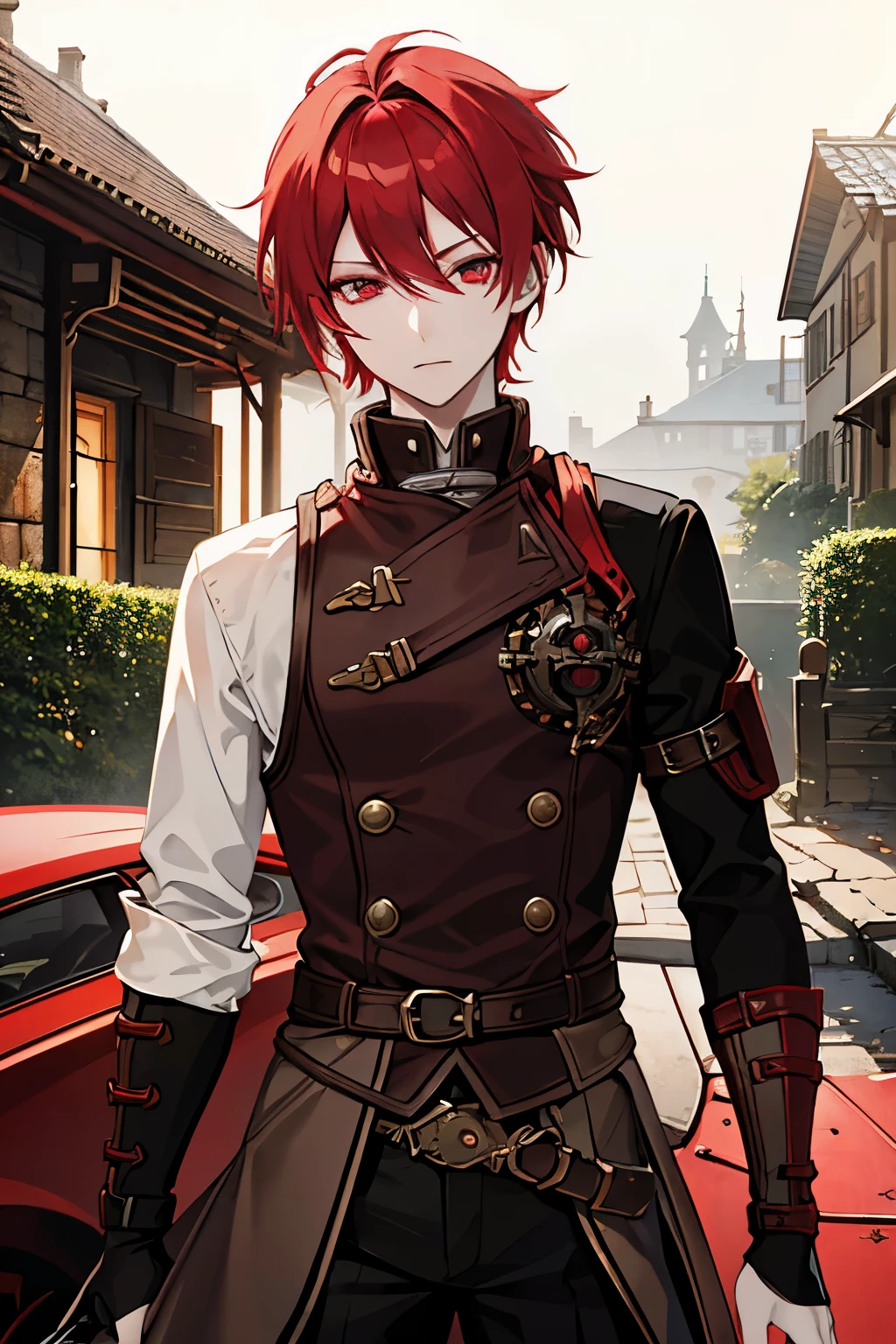 male red hair red eyes steampunk garden Playing with Shepard masterpiece Highest image quality noise removal clear parts cinematic shadow Increases the attractiveness of the eyes clear parts the shine of the eyes draw eyelashes neatly perfect eyes detailed eyes sharpen image quality sharpen eye writing clear parts eye shape