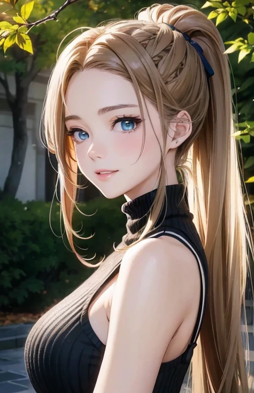 masterpiece、highest quality、High resolution、high quality images、8K, 1 female、skin luster、Texture of skin and clothing、Expression of fine eyes、shiny light light brown hair,Girl with long braided hair, Manga inspired by Lee Jong-suk, trending on deviantart, realism, detailed manga style, manga art style, perfect line drawing, beautiful line drawing, digital manga art girl, K-POPアイドル, beautiful blue eyes, plump lips, detailed gorgeous face, (cute smile), charm, innocent, Side view, (perfectly detailed face), (fine hands) photorealistic images, Depth of written boundary, ponytail hairstyle, Light beige turtleneck sleeveless knit、デニムミニスカート autumn leaves , autumn leaves ,美しいautumn leaves,romanticism,