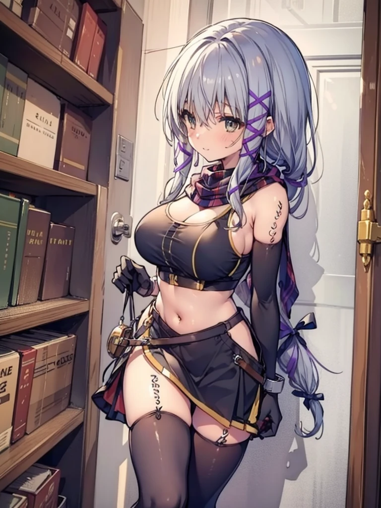 masterpiece, highest quality,BREAK Full Body,Are standing、Smile BREAK Late Night,DARK BREAK(clair lasbard, long ponytail, hair ribbon, Striped scarves, black dress, fingerless gloves, thigh high boots, lift up your skirt、huge breasts、black sports bra、wide open cleavage)