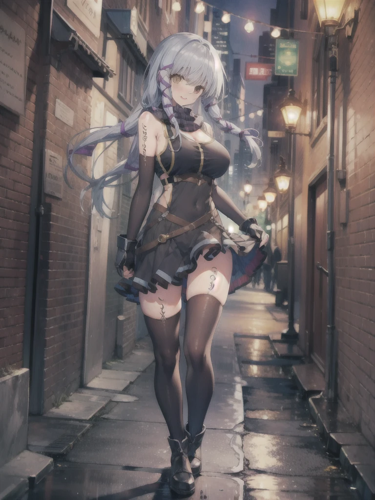 masterpiece, highest quality,BREAK Full Body,Are standing、Smile BREAK Late Night,DARK BREAK(clair lasbard, long ponytail, hair ribbon, Striped scarves, black dress, fingerless gloves, thigh high boots, lift up your skirt、huge breasts、black sports bra、wide open cleavage)