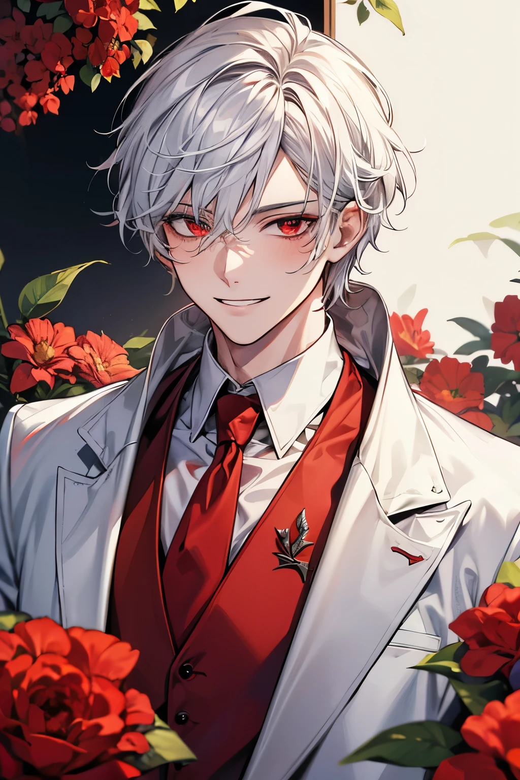 masterpiece, best quality, highres, extreme Details, solo, 1male, smile facial, medium hair, white hair, red eyes, white shirt, white coat, red tie, red flowers