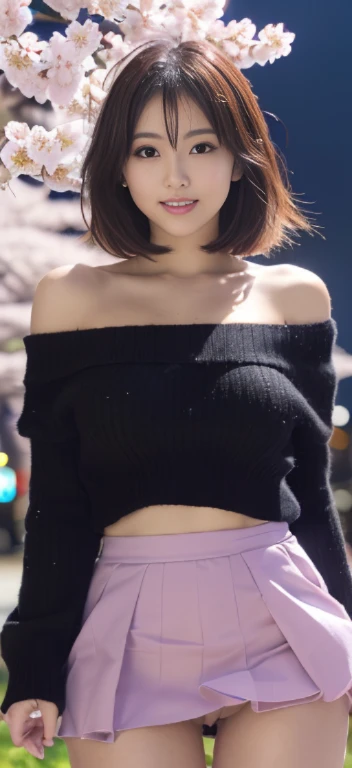 (((masterpiece:1.4, highest quality:1.4, 8K, ultra high resolution, Physically based rendering))), full body portrait, super beautiful sexy woman, perfect style body, 24-years-old, (fine big eyes), fine thin eyebrows, eye highlights, (dark brown half up hair, hair behind the ear), Highly detailed face and skin texture, clear focus:1.2, Slender beauty:1.4, ((huge and beautiful breasts:1.7, exposed chest)), slim abs:1.1, tight waist:1.2, clear facial features, (no makeup), (((off shoulder, No sleeve:1.2, Cropped Black Sweater:1.4, underboob:1.2))), (((Metallic Holographic Purple High Waist Pencil Mini Skirt, skirt lift:1.6, long and beautiful legs))), (transparent black knee high stockings), ((No panties)), (((Detailed beautiful pussy exposed:1.4, pubic hair:1.5, cum in pussy:1.5, Cloudy liquid drips from the pussy to the thighs))), put your hands on your head, (lift her chin:1.2, open your mouth), (from below), (looking at the viewer:1.1), (smile:1.2), (spread your legs wide, facing forward), ((The best time to see cherry blossoms at night:1.4, SakuraFubuki:1.4, Scattering cherry blossoms, Standing in the middle of cherry blossoms in full bloom:1.8, shine of street lights:1.5)), ((Glowing particles dancing in the night sky:1.4, incredible sky:1.2)), ,(Undressing:1.5)、、((spread legs:1.5))、((Sticking a dildo into her pussy:1.5))